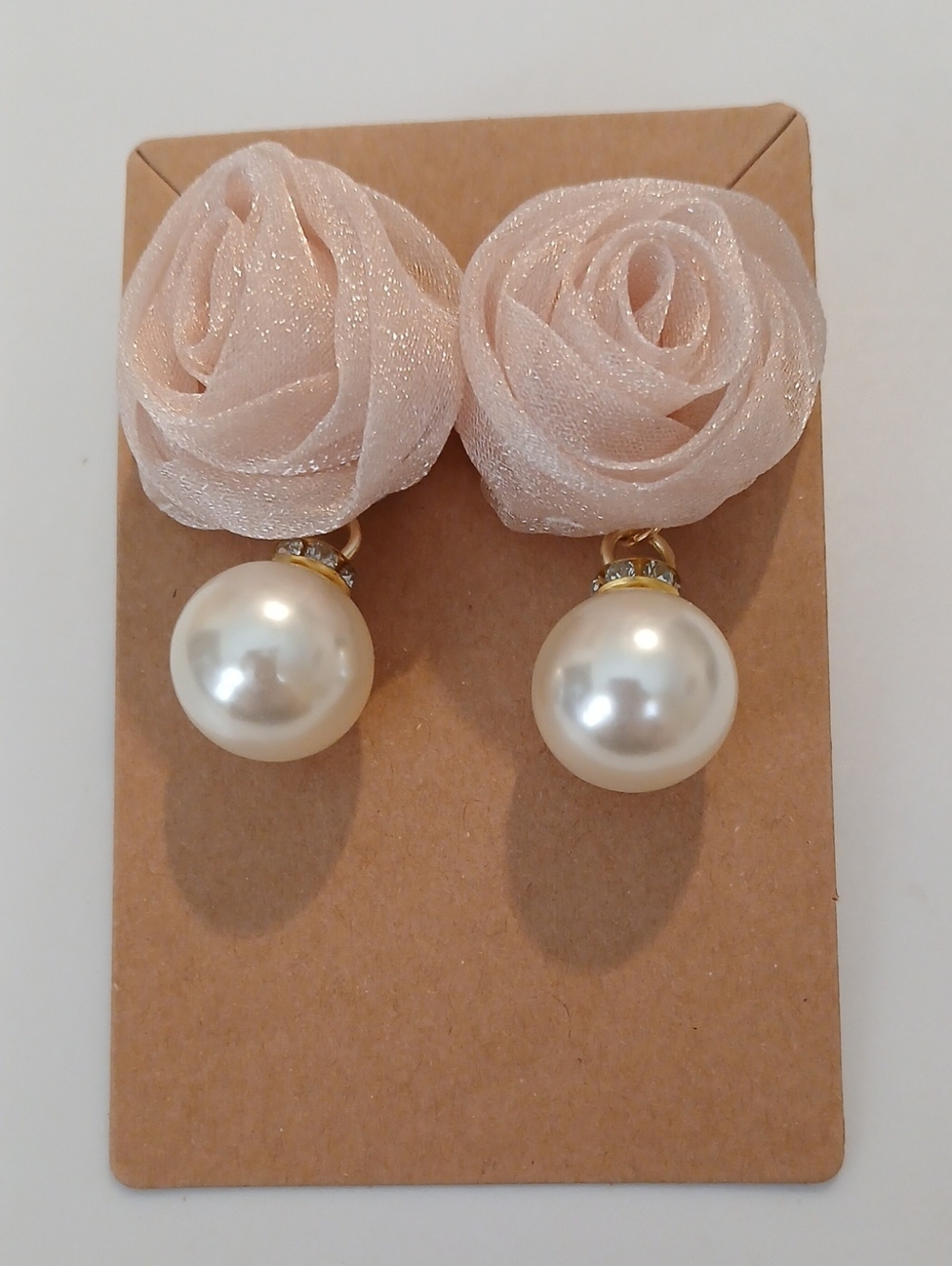 Fashion Jewelry Pale Pink Rose and Pearl Drop Earrings